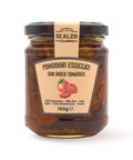 Vaso frontale da 190 grammi di Pomodori Essiccati Sottolio Scalzo Calabria, preparati con pomodori essiccati al sole e conservati in olio extra vergine d'oliva.