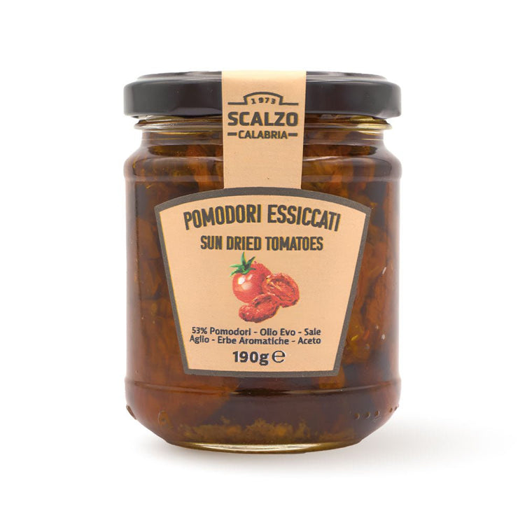 Vaso frontale da 190 grammi di Pomodori Essiccati Sottolio Scalzo Calabria, preparati con pomodori essiccati al sole e conservati in olio extra vergine d'oliva.
