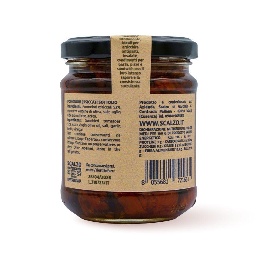 Retro del vaso da 190 grammi di Pomodori Essiccati Sottolio Scalzo Calabria, con lista ingredienti e valori nutrizionali.