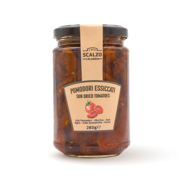 Vaso frontale da 280 grammi di Pomodori Essiccati Sottolio Scalzo Calabria, preparati con pomodori essiccati al sole e conservati in olio extra vergine d'oliva.