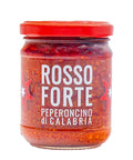 Vaso frontale da 190 grammi di Rosso Forte Scalzo Calabria, una salsa piccante preparata con peperoncino, olio extra vergine d'oliva, mandorle e caffè.