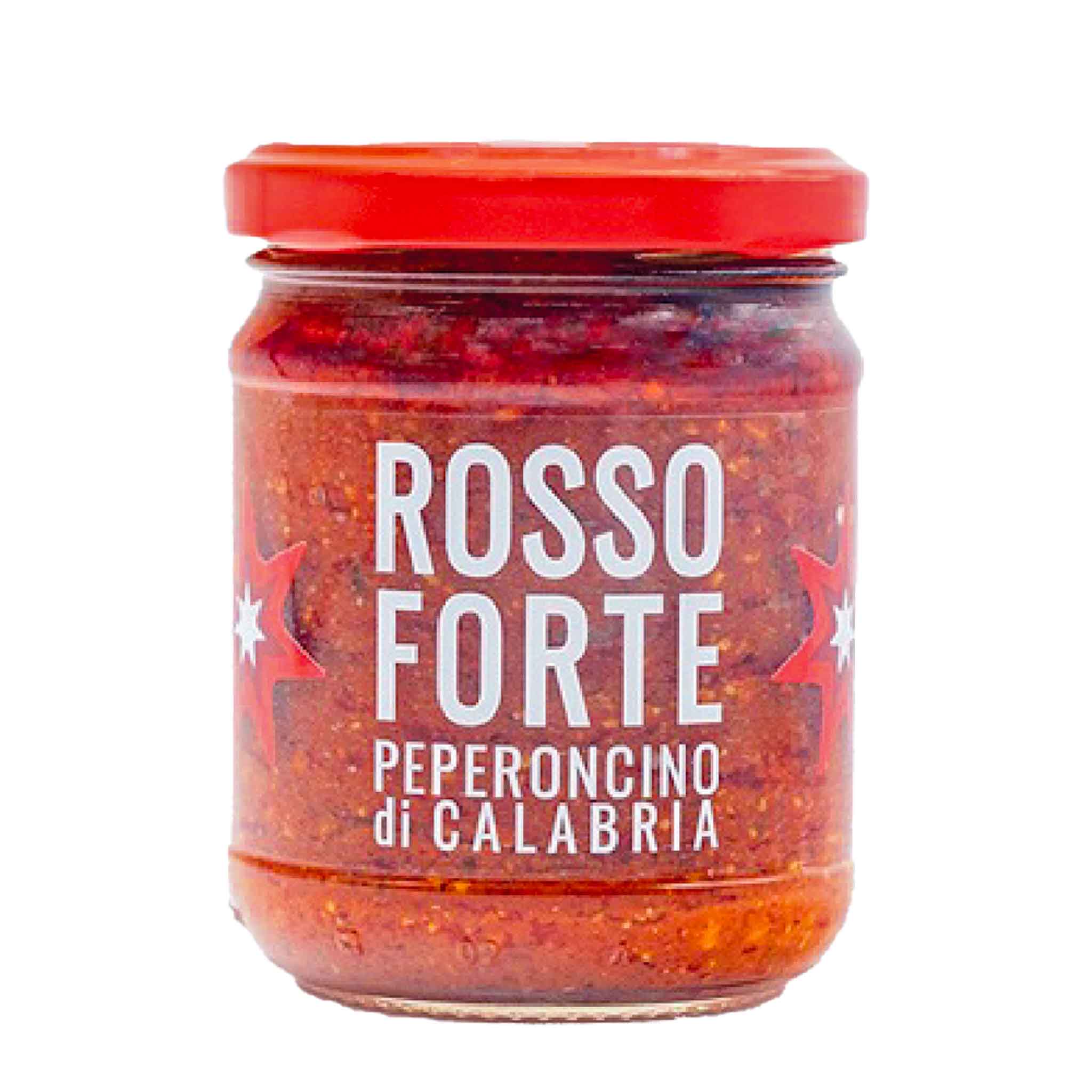 Vaso frontale da 190 grammi di Rosso Forte Scalzo Calabria, una salsa piccante preparata con peperoncino, olio extra vergine d'oliva, mandorle e caffè.