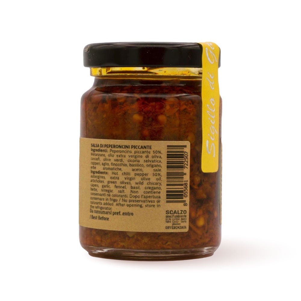 Retro del vaso da 90 grammi di Salsa Saracena Scalzo Calabria, con lista ingredienti.