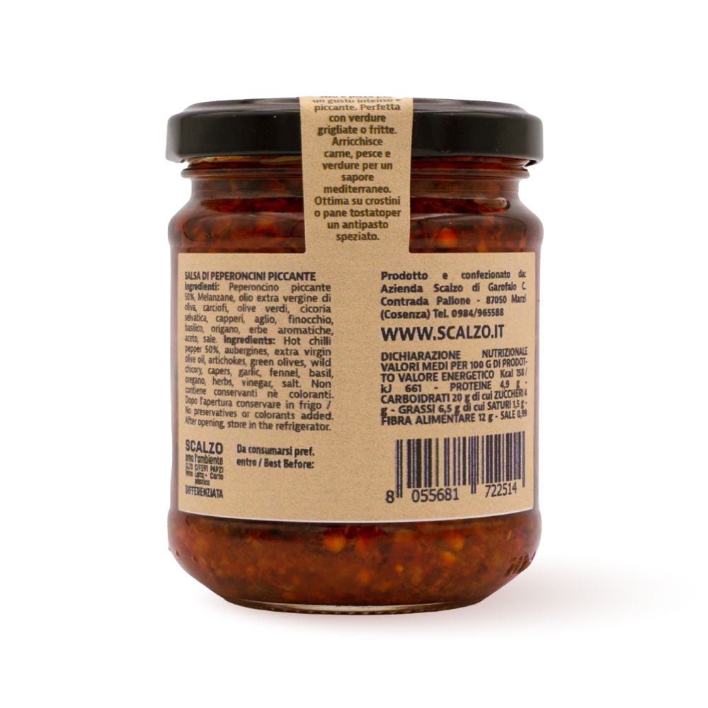 Retro del vaso da 190 grammi di Salsa Saracena Scalzo Calabria, con lista ingredienti e valori nutrizionali.