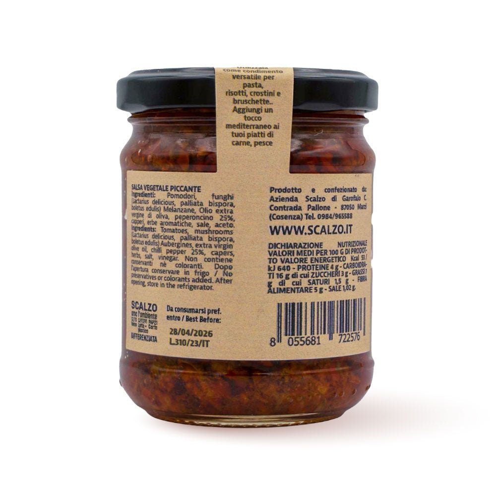 Retro del vaso da 190 grammi di Stuzzico Rustico Pik Scalzo Calabria, con lista ingredienti e valori nutrizionali.