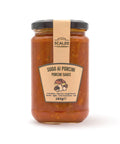 Vaso frontale da 280 grammi di Sugo ai Porcini Scalzo Calabria, preparato con pomodori calabresi freschi e funghi porcini, conservato in olio extra vergine d'oliva.