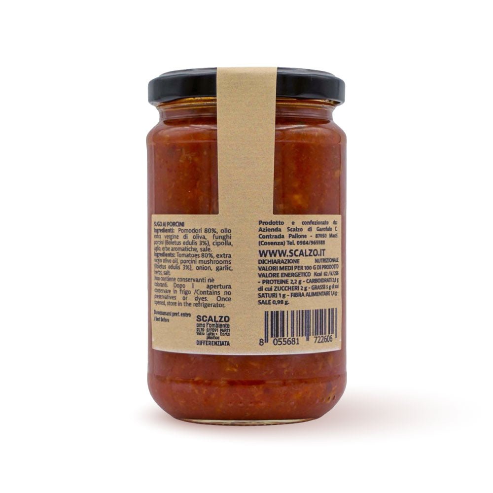 Retro del vaso da 280 grammi di Sugo ai Porcini Scalzo Calabria, con lista ingredienti e valori nutrizionali.