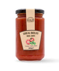 Vaso frontale da 280 grammi di Sugo al Basilico Scalzo Calabria, preparato con pomodori calabresi freschi e basilico aromatico.