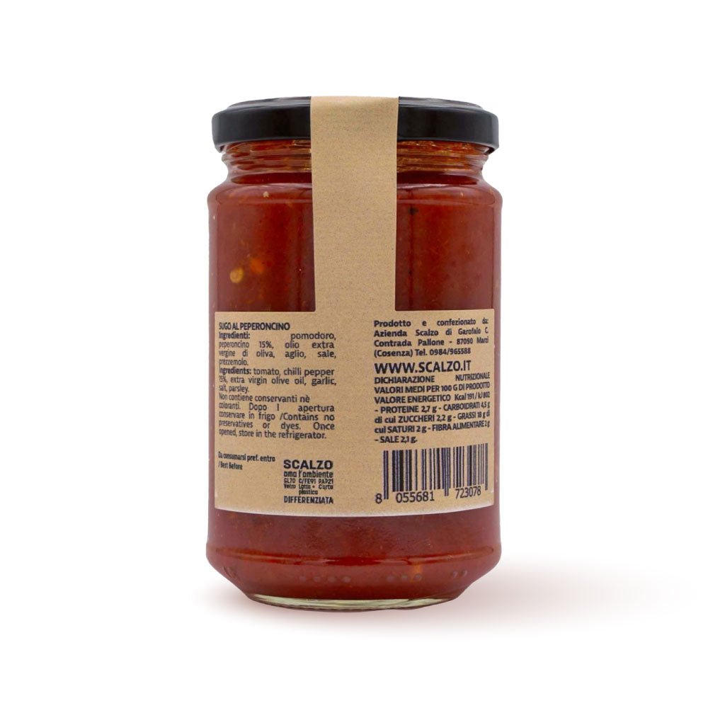 etro del vaso da 280 grammi di Sugo al Peperoncino Scalzo Calabria, con lista ingredienti e valori nutrizionali.