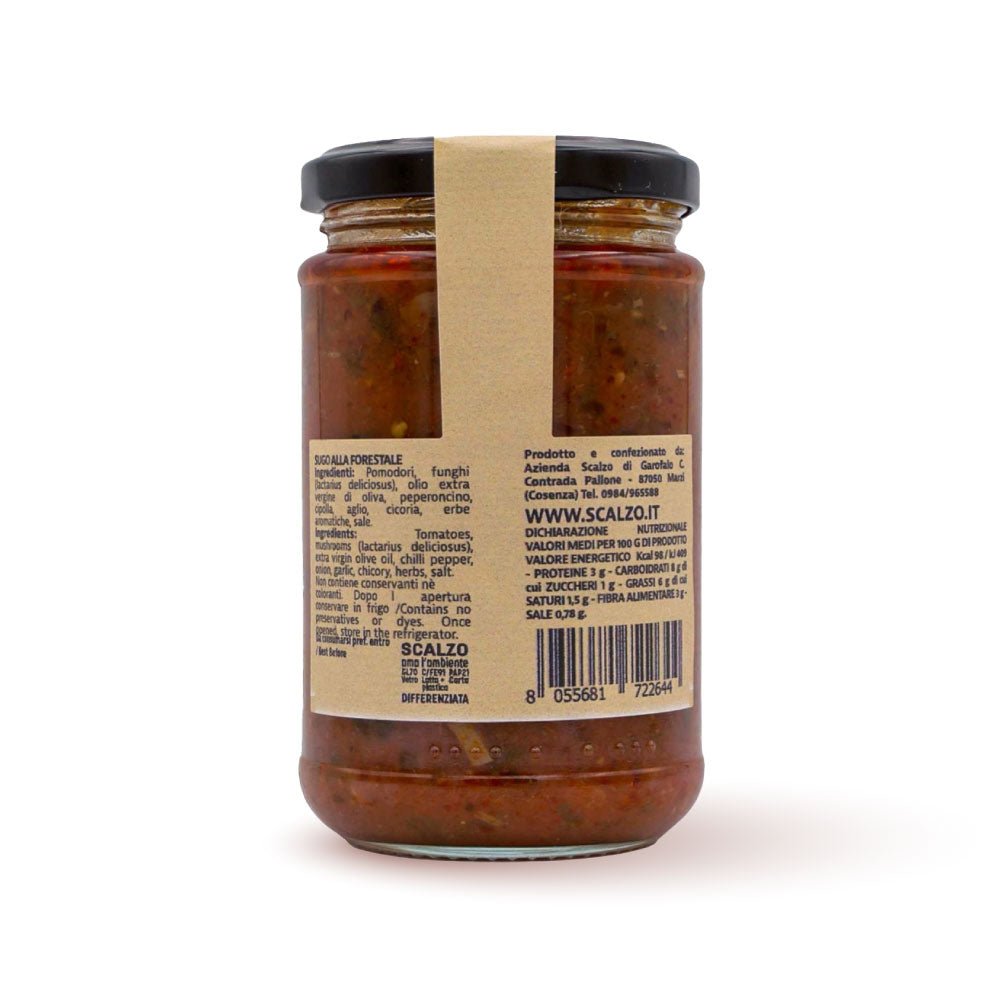 Retro del vaso da 280 grammi di Sugo alle Erbe Profumate Scalzo Calabria, con lista ingredienti e valori nutrizionali.