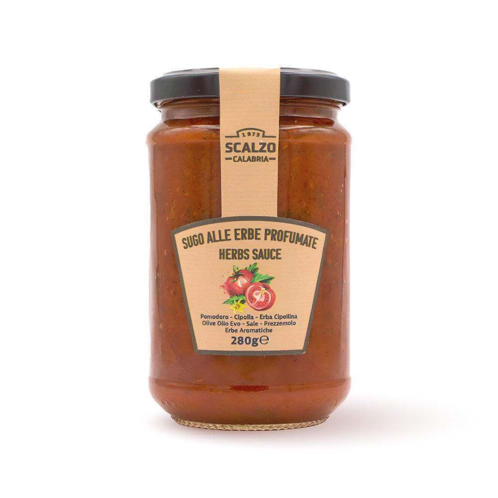 Vaso frontale da 280 grammi di Sugo alle Erbe Profumate Scalzo Calabria, preparato con pomodori freschi e un mix di erbe aromatiche.