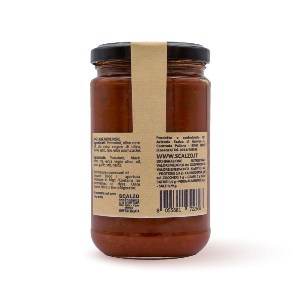 Retro del vaso da 280 grammi di Sugo alle Olive Nere Scalzo Calabria, con lista ingredienti e valori nutrizionali.