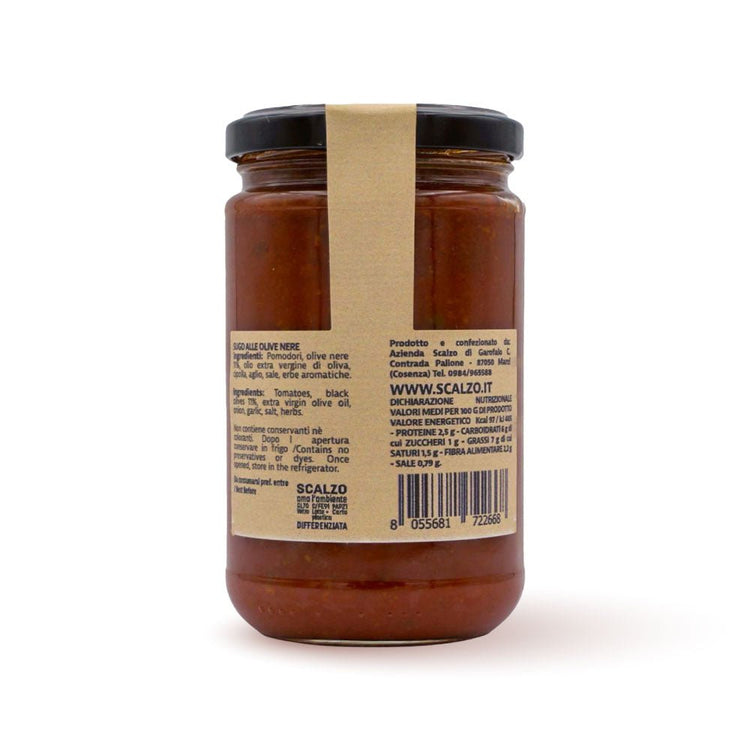 Retro del vaso da 280 grammi di Sugo alle Olive Nere Scalzo Calabria, con lista ingredienti e valori nutrizionali.
