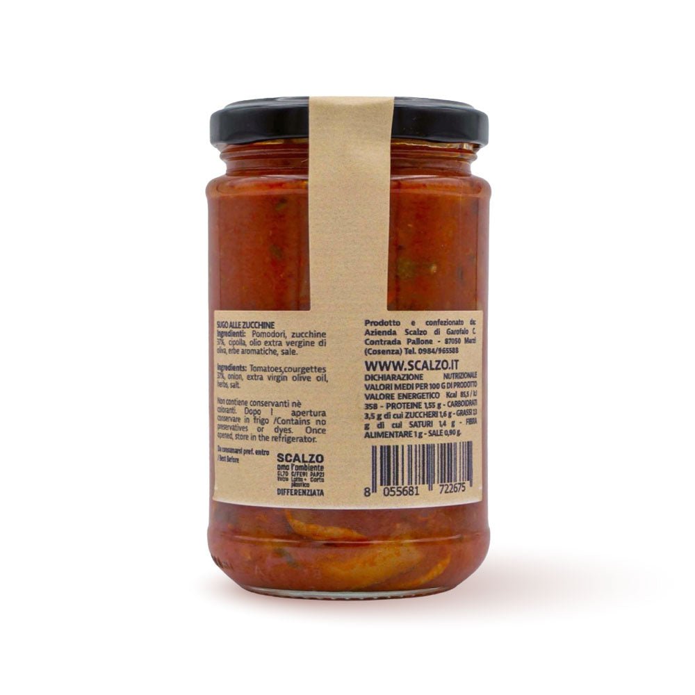 Retro del vaso da 280 grammi di Sugo alle Zucchine Scalzo Calabria, con lista ingredienti e valori nutrizionali.