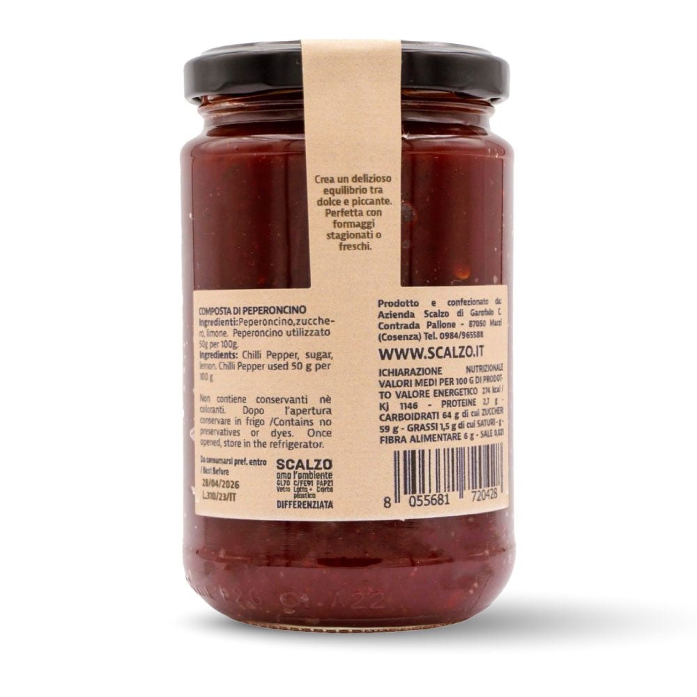 Retro del vaso da 340 grammi di Composta di Peperoncino Scalzo Calabria, con lista ingredienti e valori nutrizionali