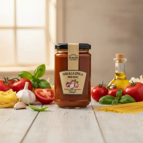 Vaso di sugo pronto con intorno pomodoro fresco, aglio, basilico e pasta