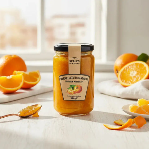 Vasetto di marmellata di mandarini con ambientazione di agrumi intorno