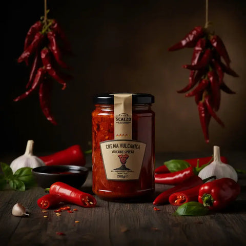 Vasetto di crema vulcanica con ambientazione di peperoncini, aglio e basilico.