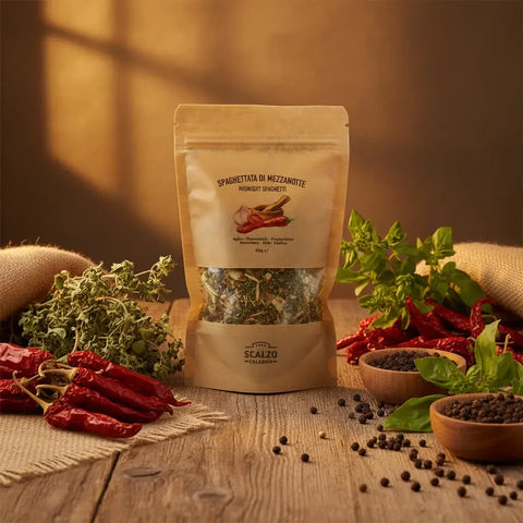 Busta di spezie essiccate con prodotti essiccati come peperoncino, origano intorno alla bustina