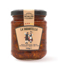 Vaso frontale da 190 grammi di Tarantella Scalzo Calabria, un mix di verdure calabresi conservate in olio extra vergine d'oliva.
